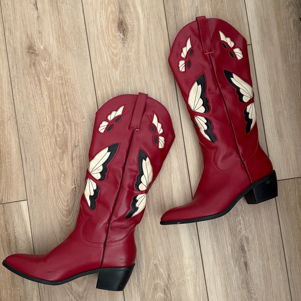 Red Cowboy Boots with Butterfly Design
